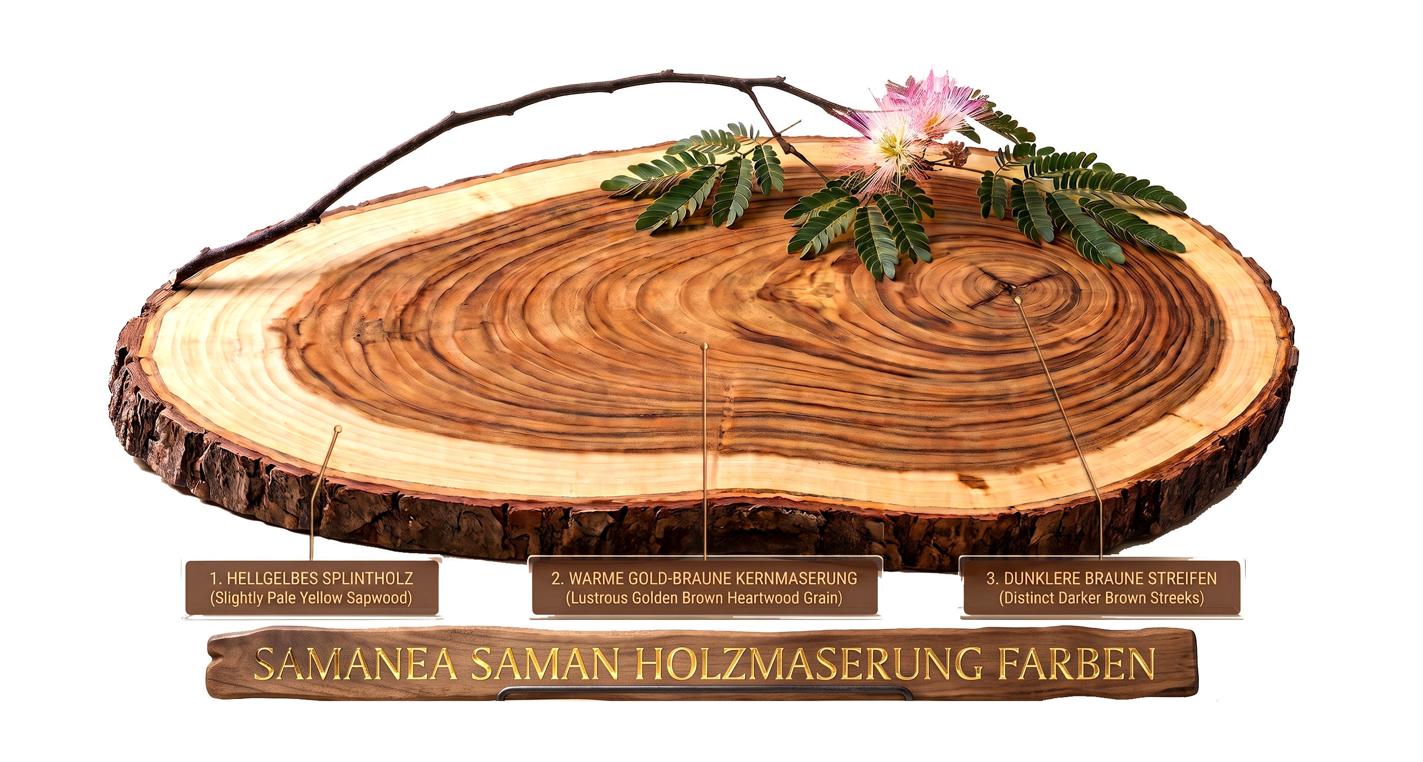 Knobelholz Baumscheibe des Samanea Baumes mit 3 Farben in der Holzmaserung erklärt