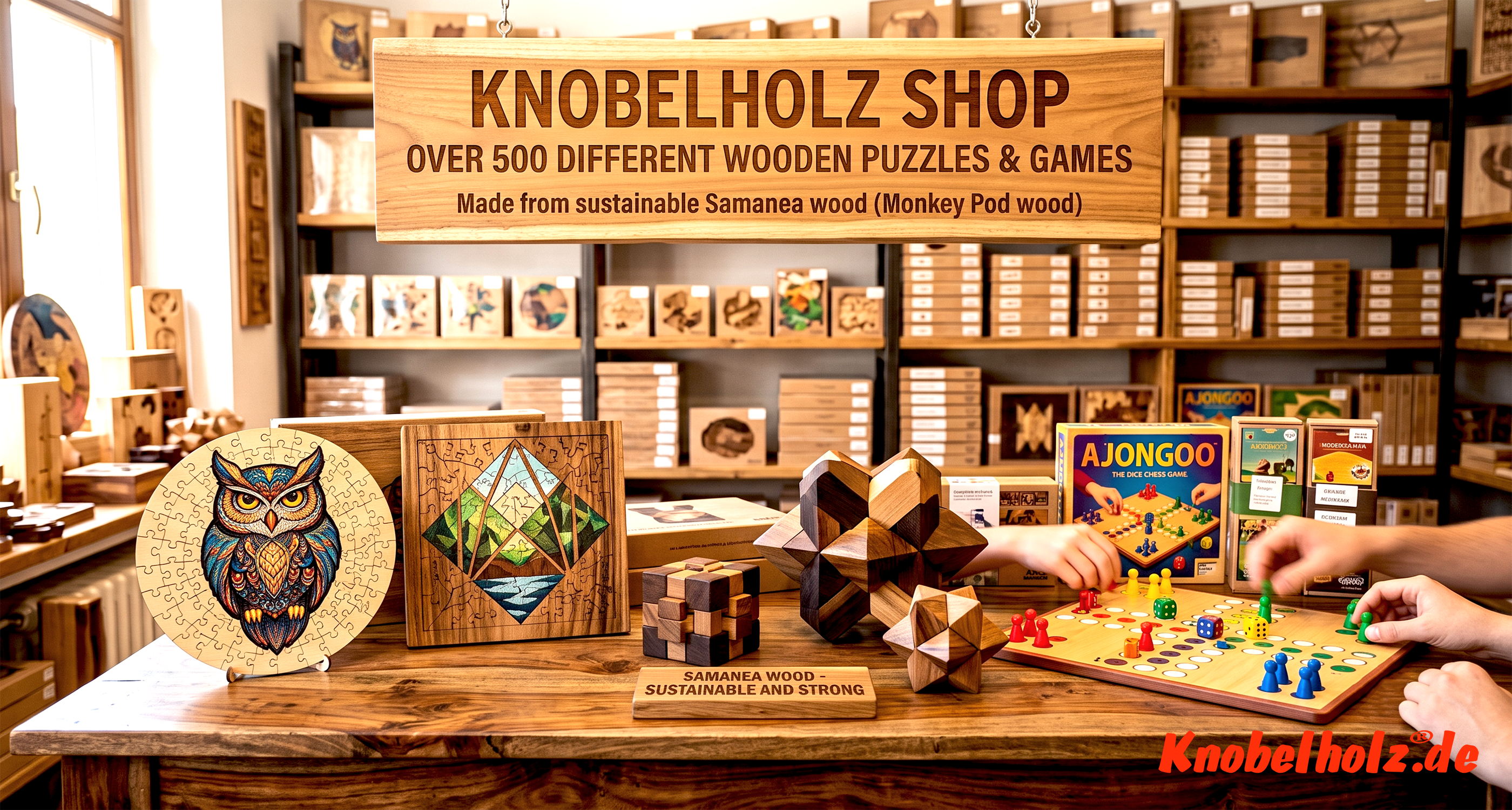 Knobelholz online shop featuring over 500 items made from sustainable Samanea wood from our own plantation – find your favorite game.