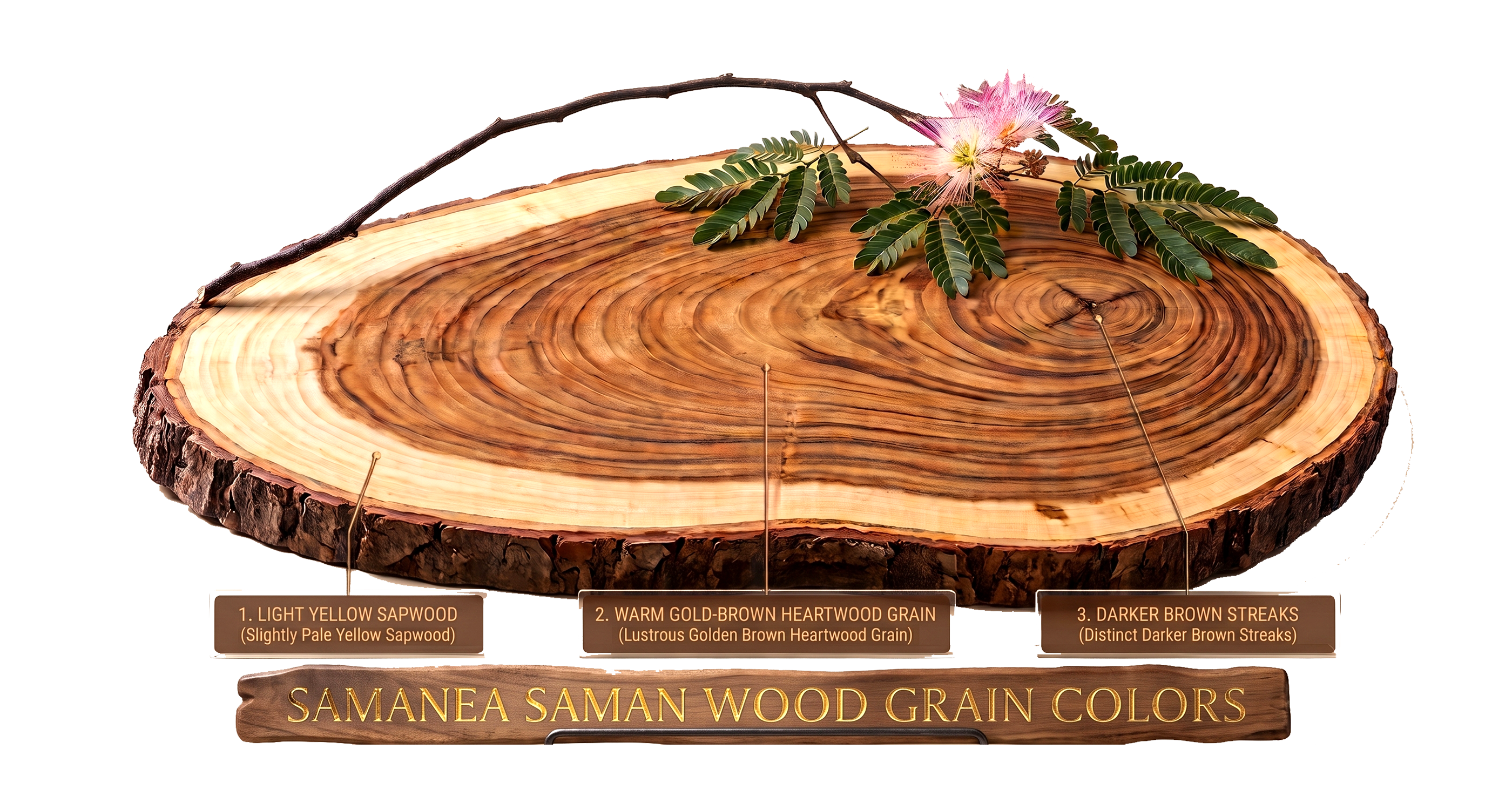 Explanation of the Samanea wood puzzle disc featuring three colors in the wood grain.
