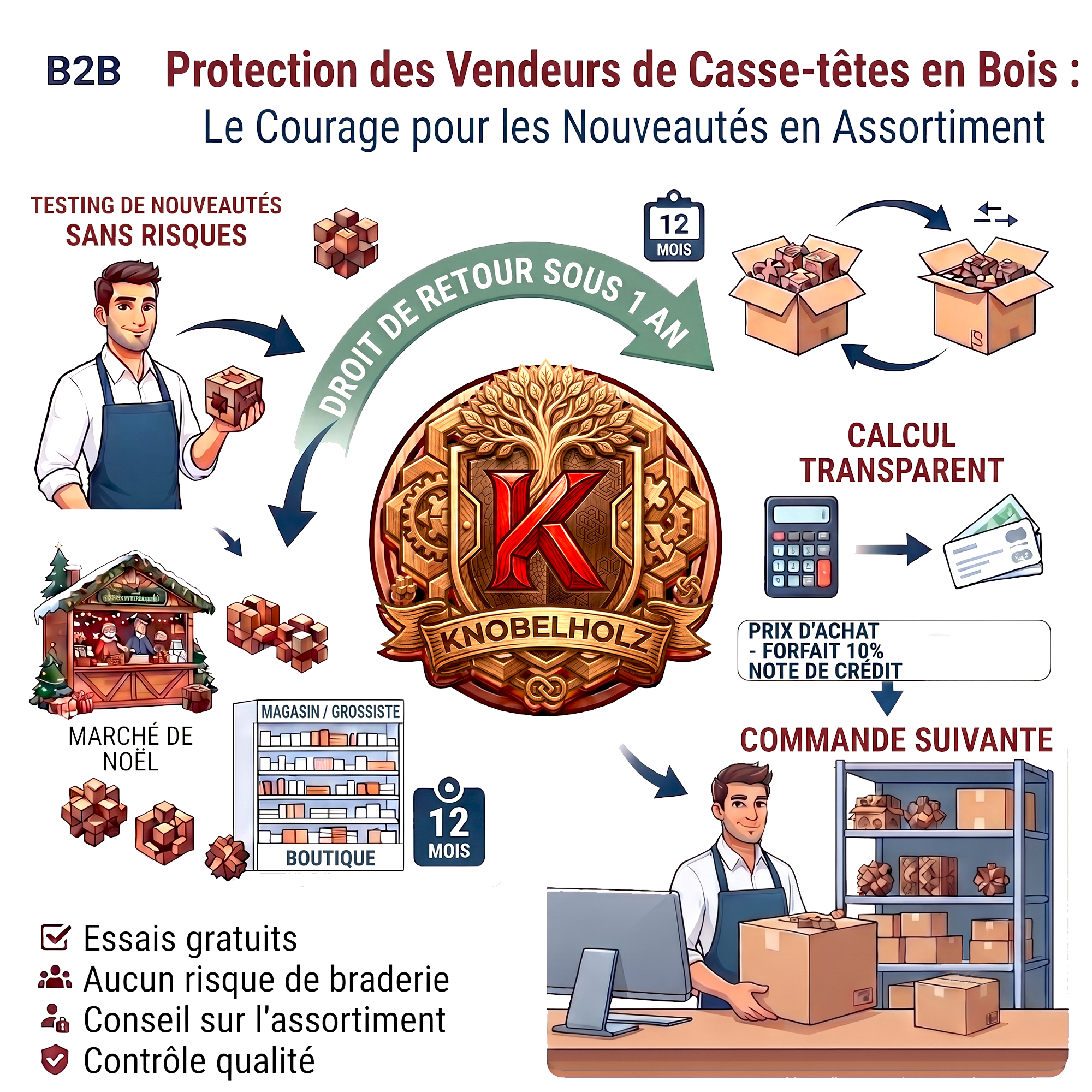 Vente en gros B2B de bois pour puzzles avec possibilité de retour. Commandes de stocks à faible rotation sans risque significatif pour le marché de Noël.