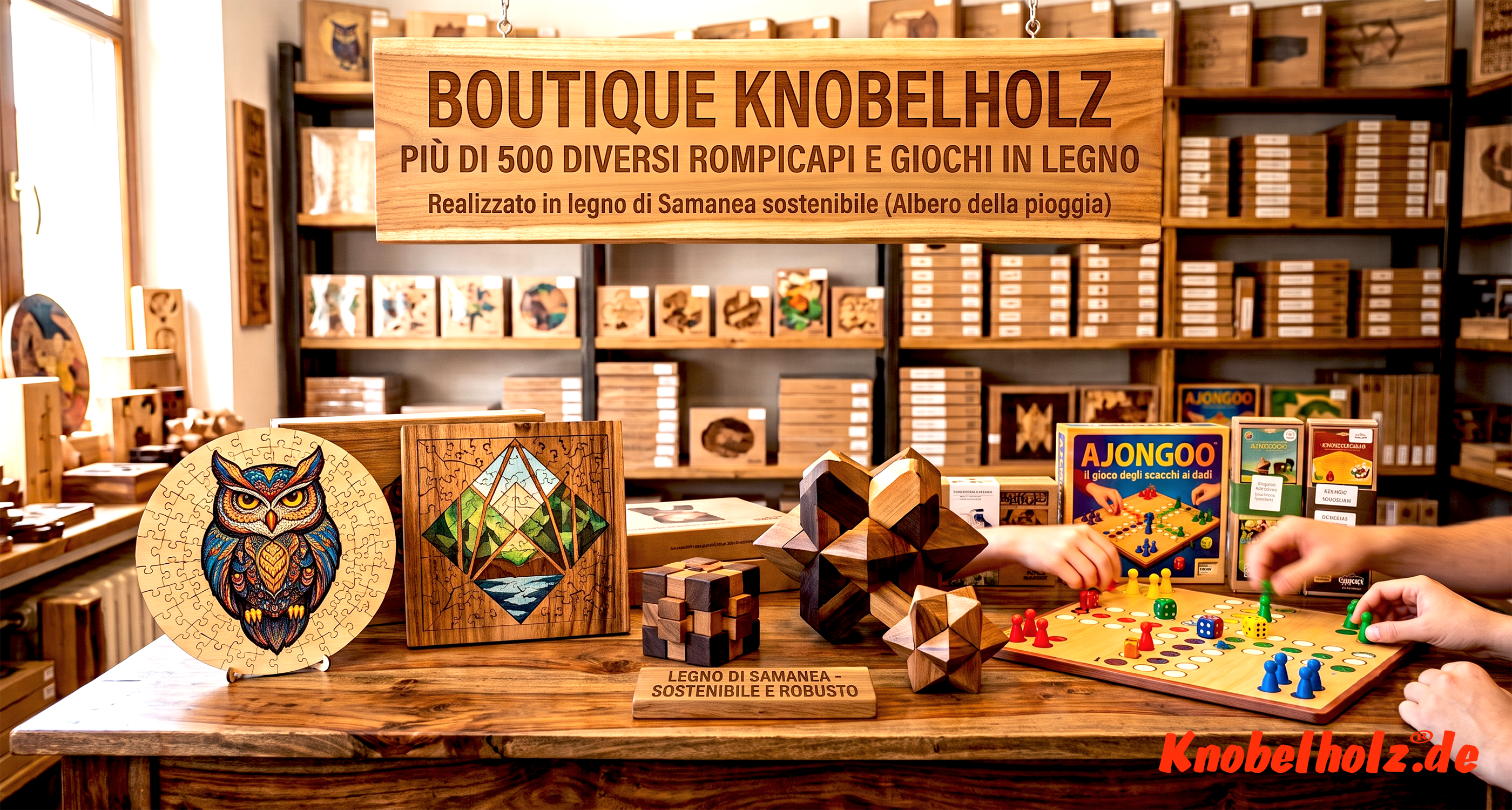 Negozio online Knobelholz con oltre 500 articoli realizzati in legno sostenibile di Samanea proveniente dalla nostra piantagione: scopri il tuo gioco preferito.